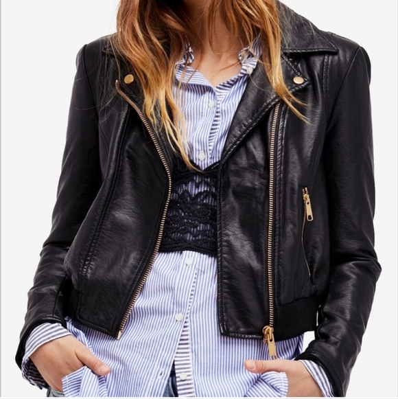 Free People Jackets & Blazers - Free People Black Faux Leather Jacket with Gold Zippers